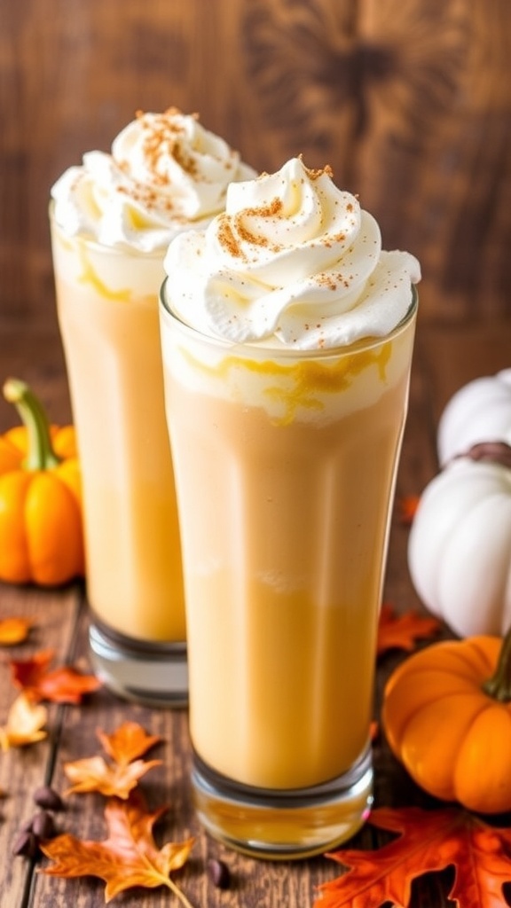 Pumpkin Spice Cream Soda in glasses with whipped cream and cinnamon, surrounded by pumpkins.